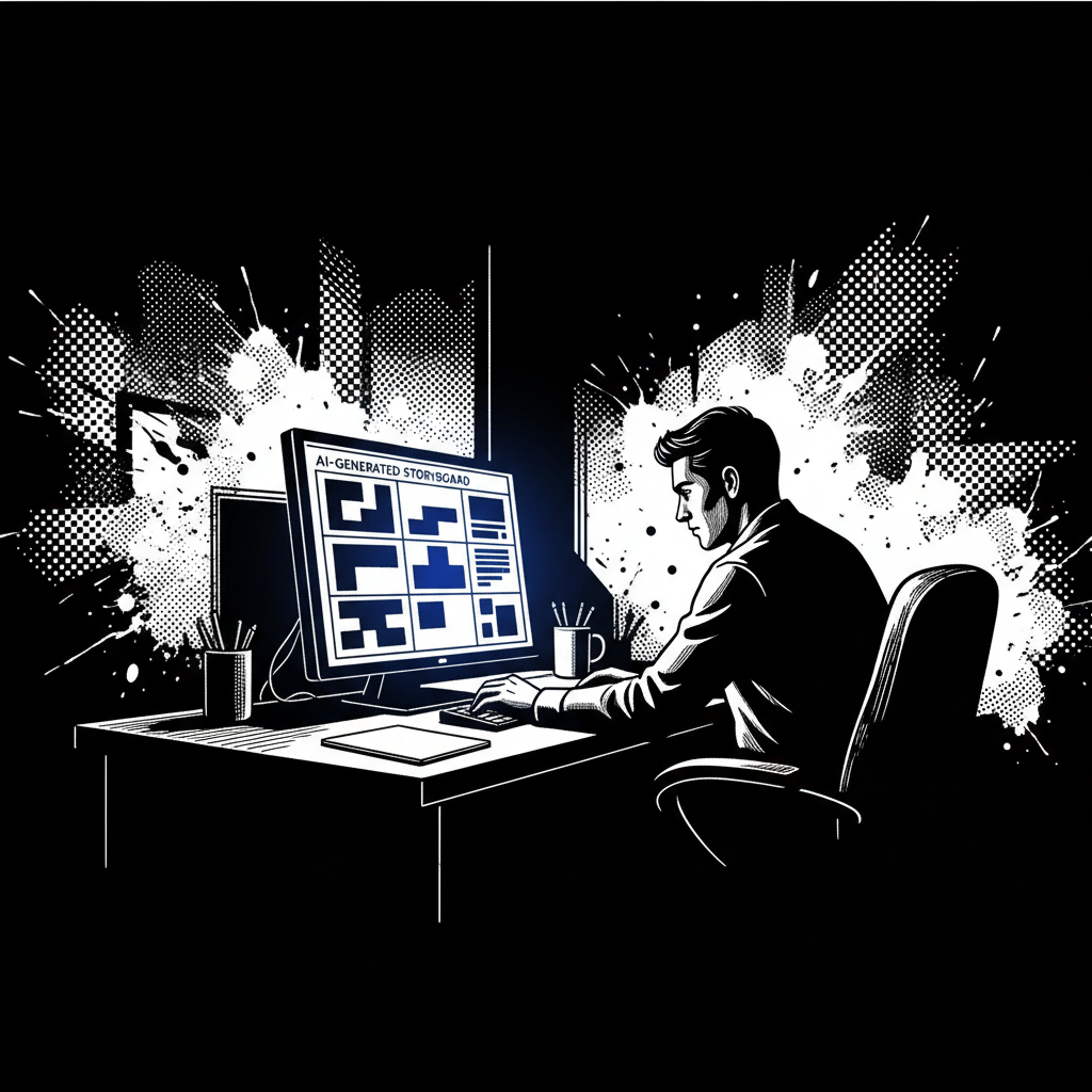 Modernes Künstleratelier, in dem traditionelle Pinsel neben holografischen Bildschirmen liegen, die KI-generierte Skizzen anzeigen