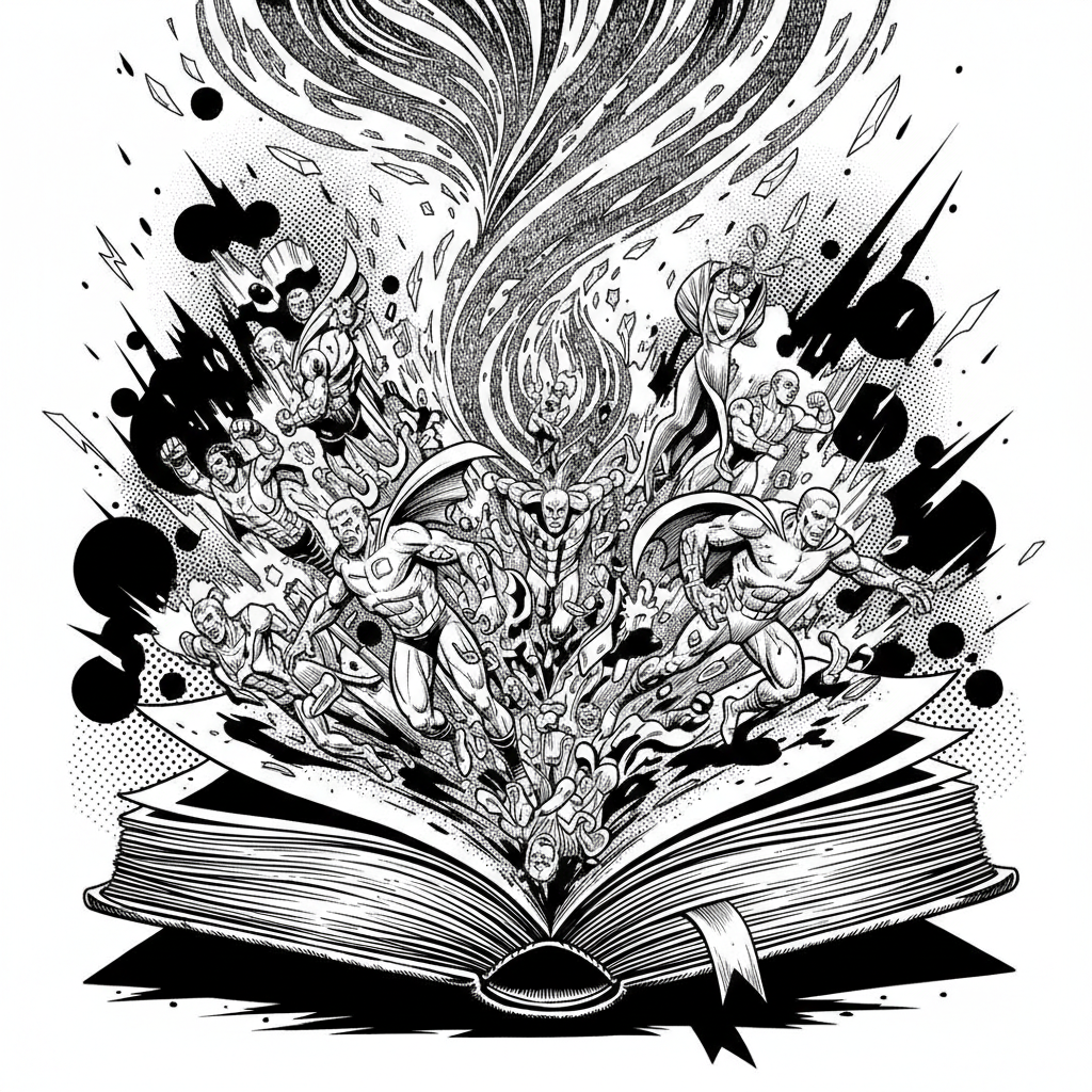 Stilisierte Illustration einer aufleuchtenden Glühbirne über einem Skizzenbuch, die die Entstehung von Erzählideen symbolisiert.