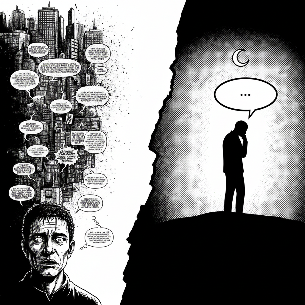 Planche de bande dessinée avec de nombreuses bulles de dialogue contrastant avec une page aérée et lisible.