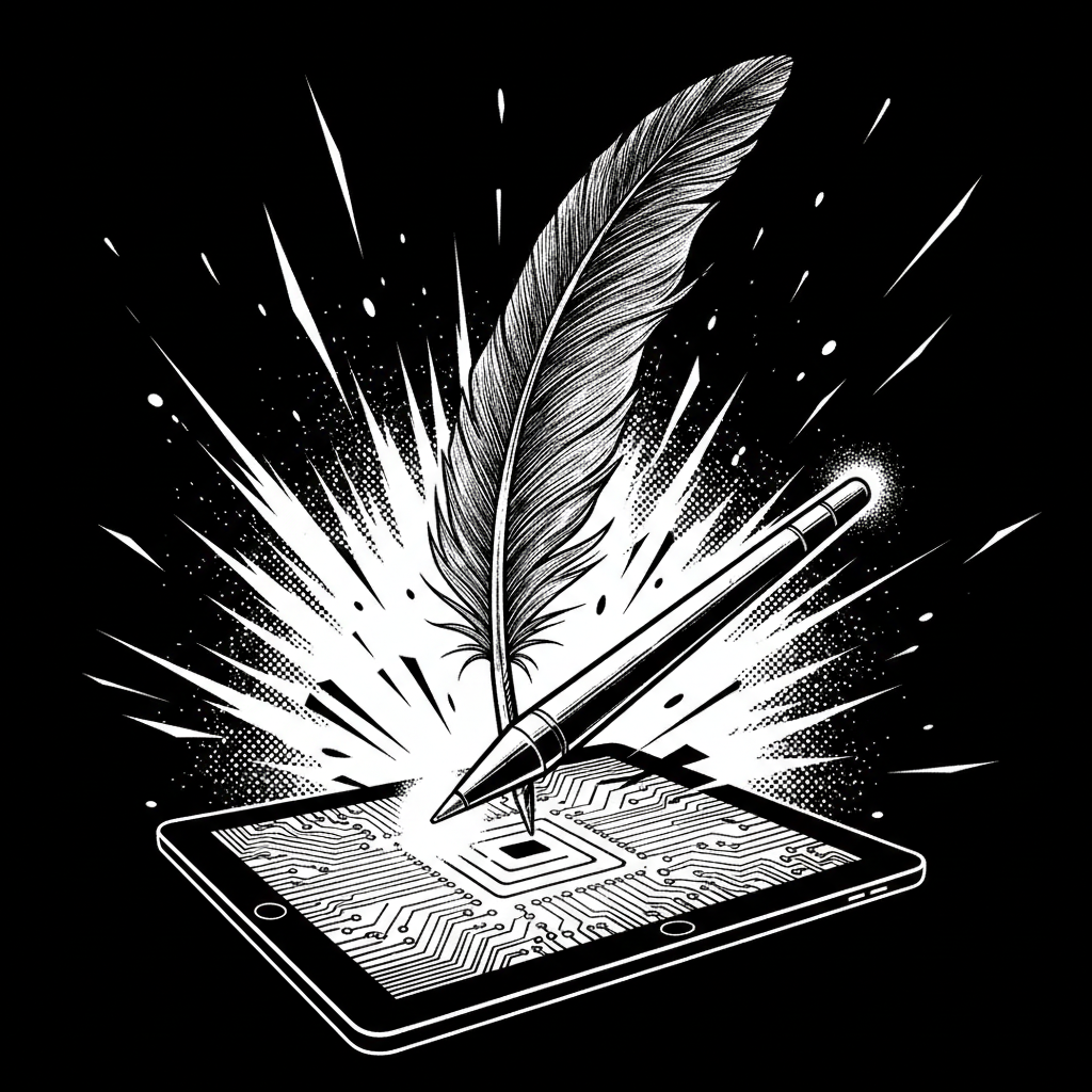 Taller de artista moderno con tableta gráfica, múltiples pantallas y bocetos digitales de personajes de cómic en proceso de creación