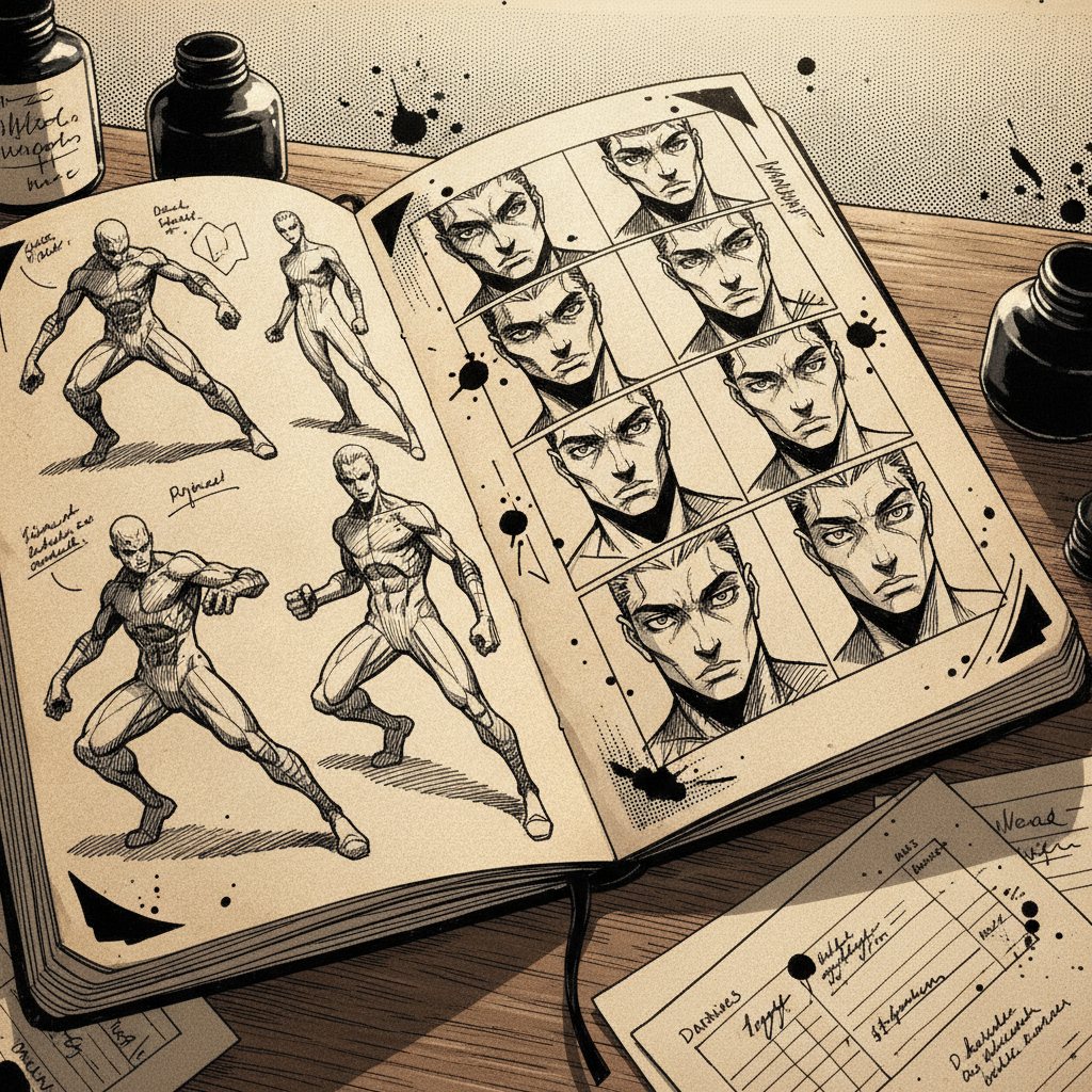 Illustration conceptuelle d'un personnage de bande dessinée, esquisses et notes de personnalité disposées autour.