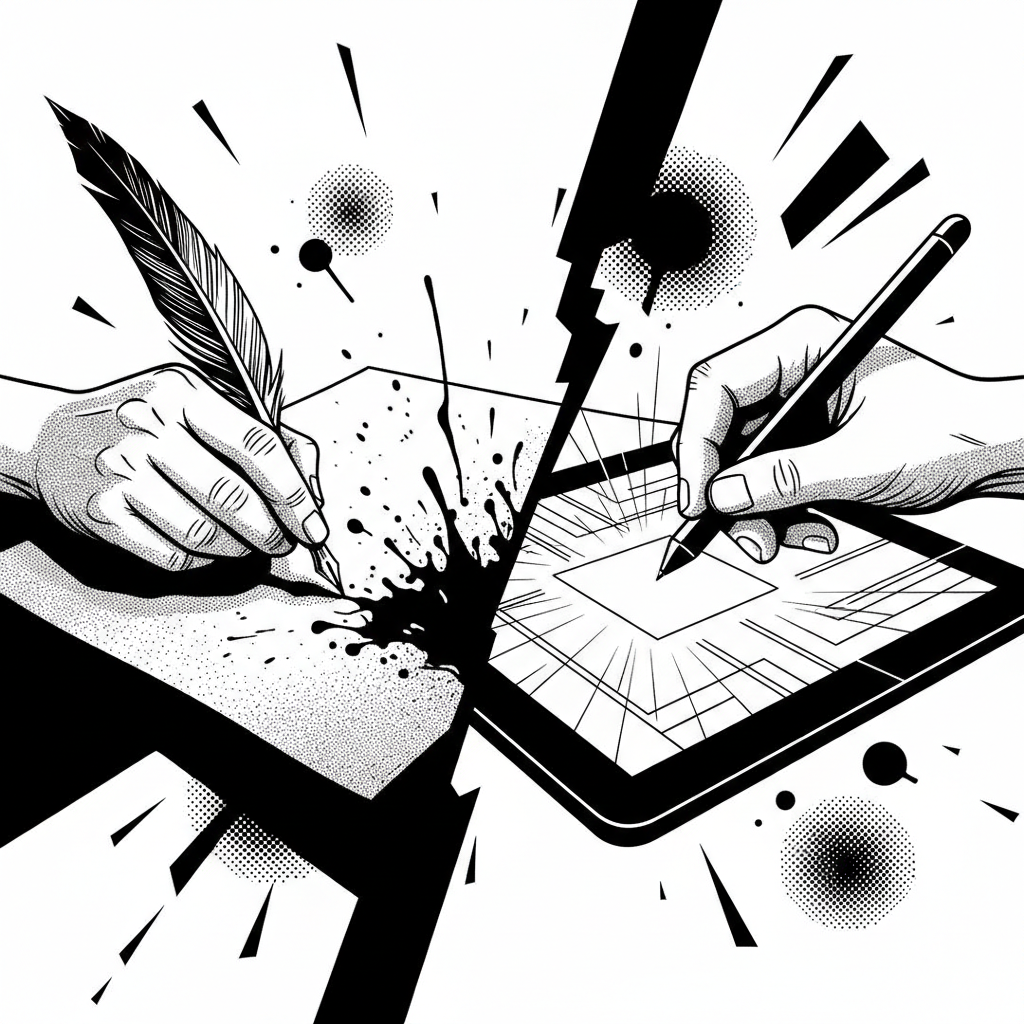 Creative workspace showing a seamless transition between traditional pencils and a modern touchscreen