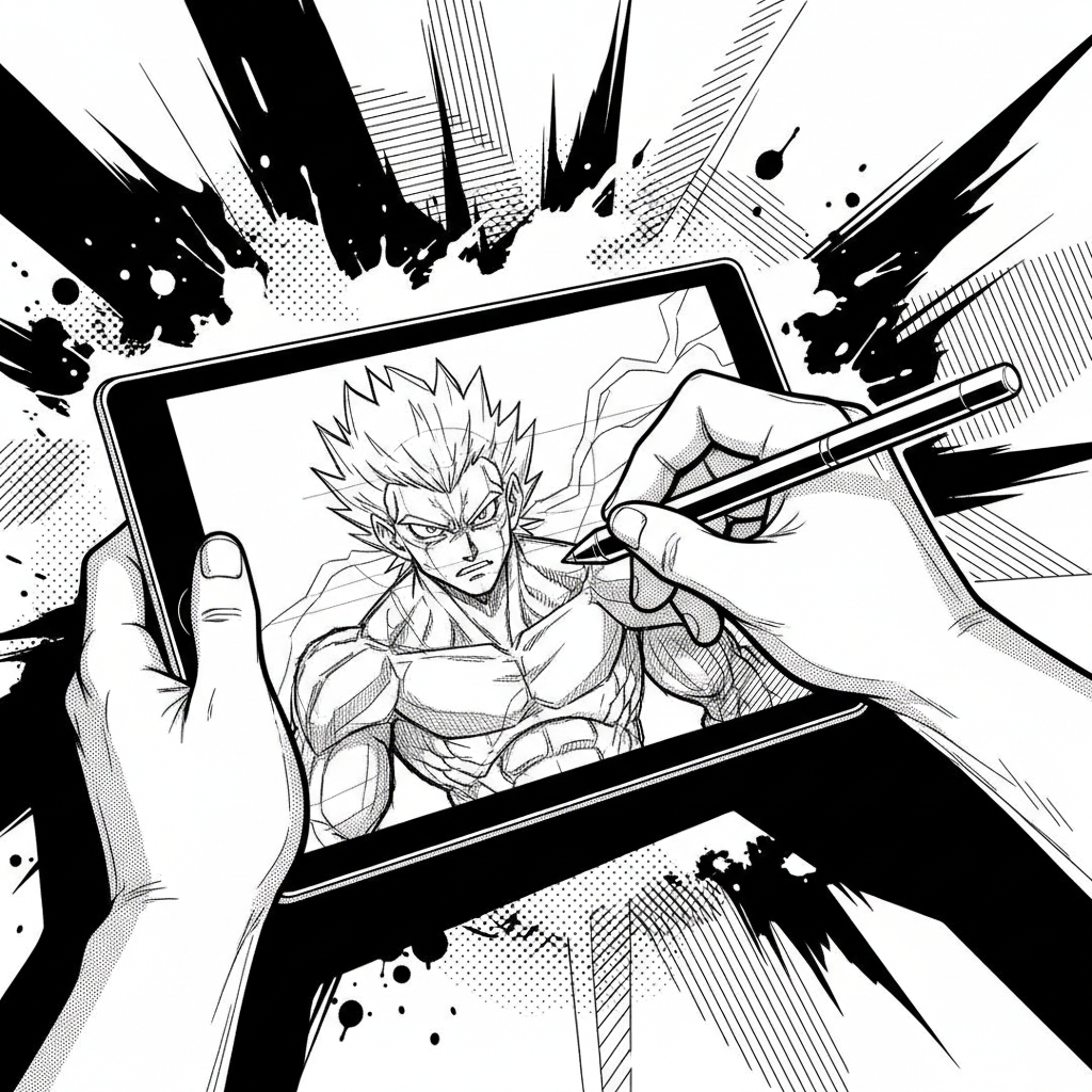 Hände eines Kreativen, die einen Stift über einem Grafiktablett halten, auf dem ein Manga-Charakter in Arbeit gezeigt wird