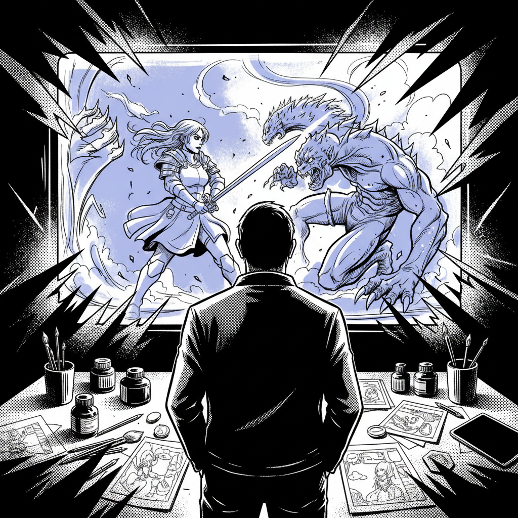 Artiste utilisant une tablette graphique pour appliquer des couleurs vives sur une planche de BD, dans un studio lumineux