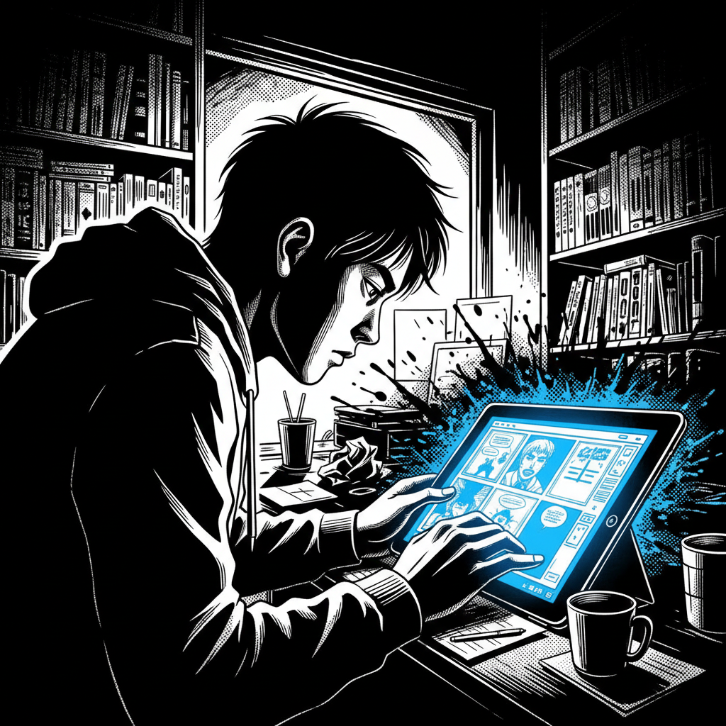Artist's studio with digital brushes and a screen displaying subtle color nuances