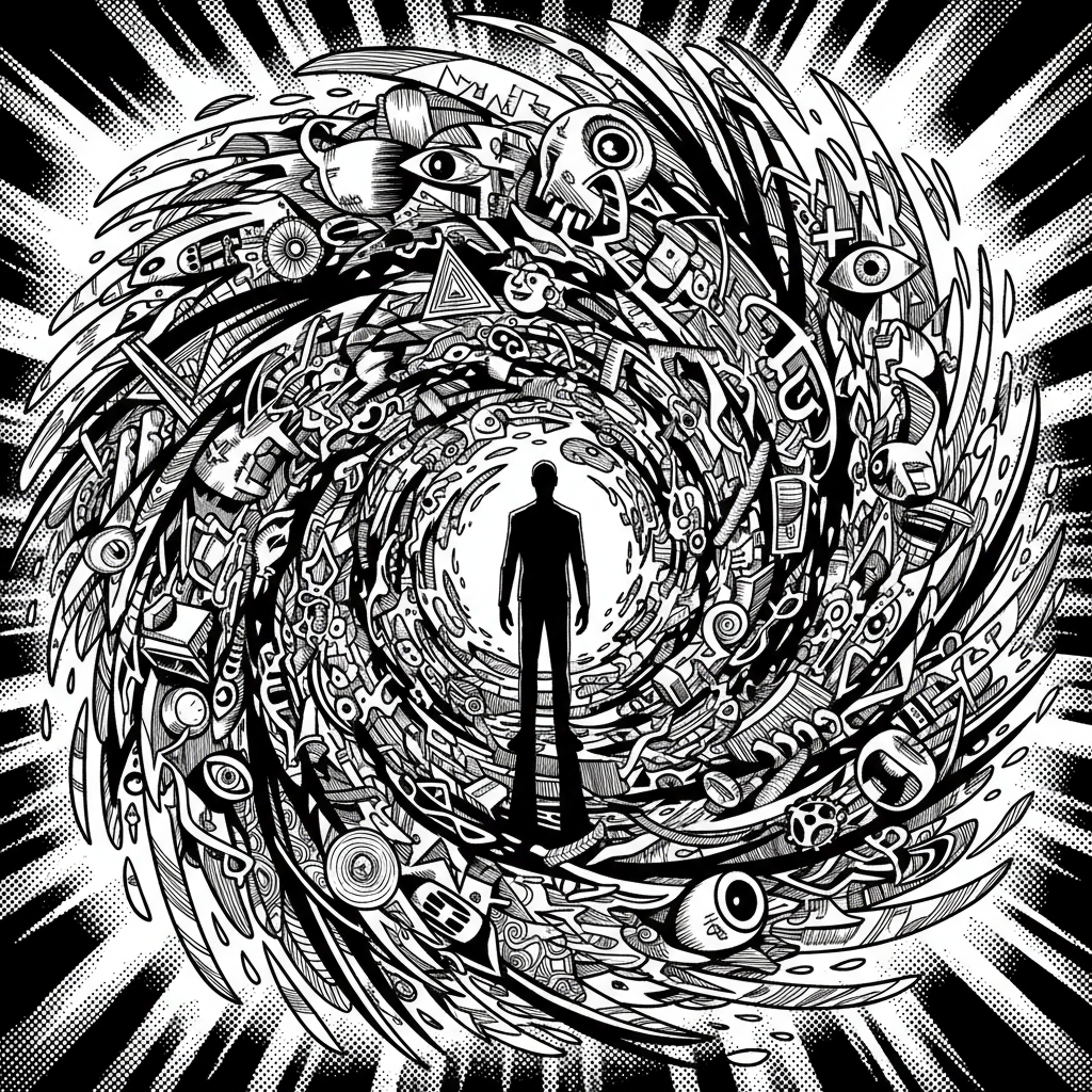 Silhouette of a creator facing an empty sketchbook, with character fragments floating in space