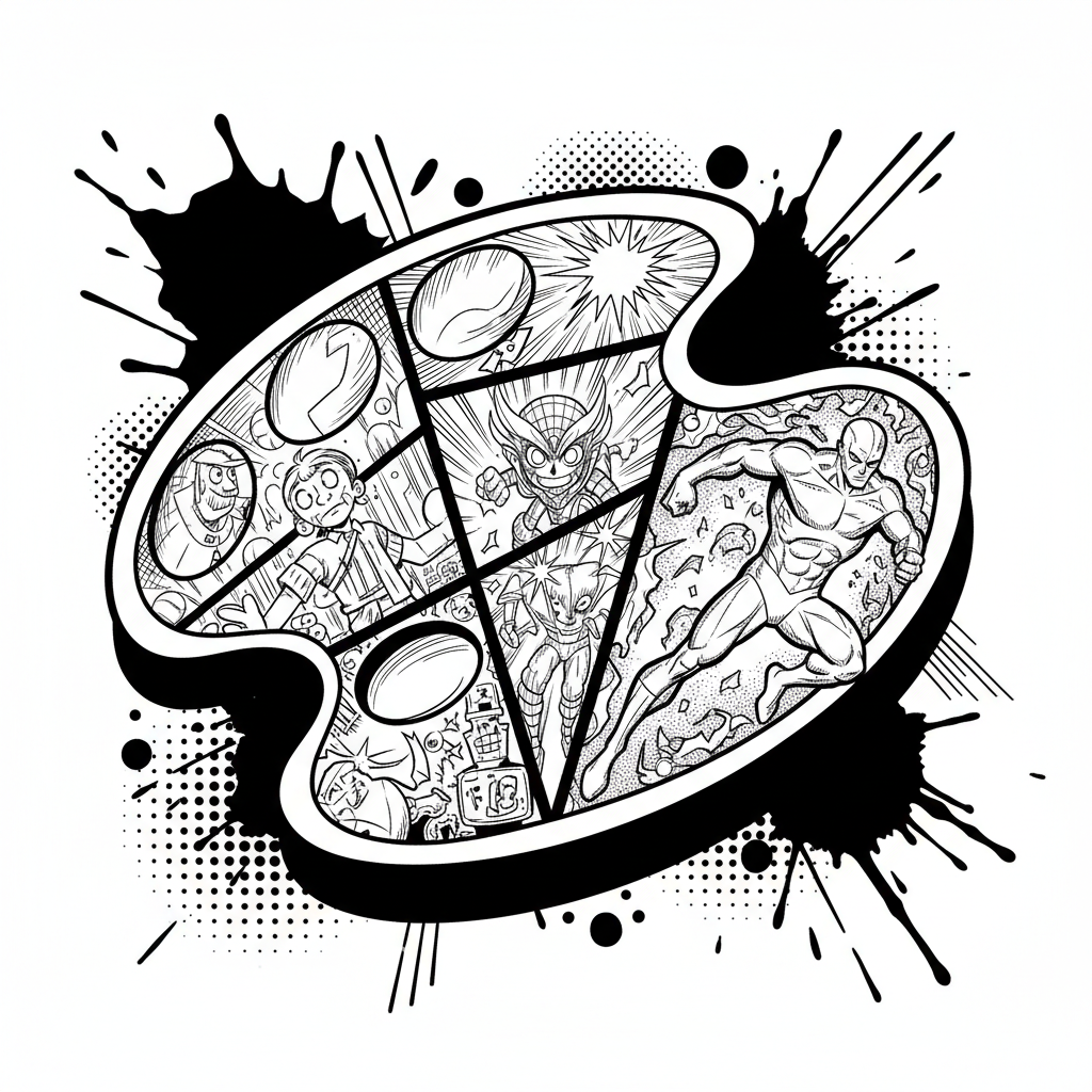 Artist's palette surrounded by various comic book pages on a creative desk