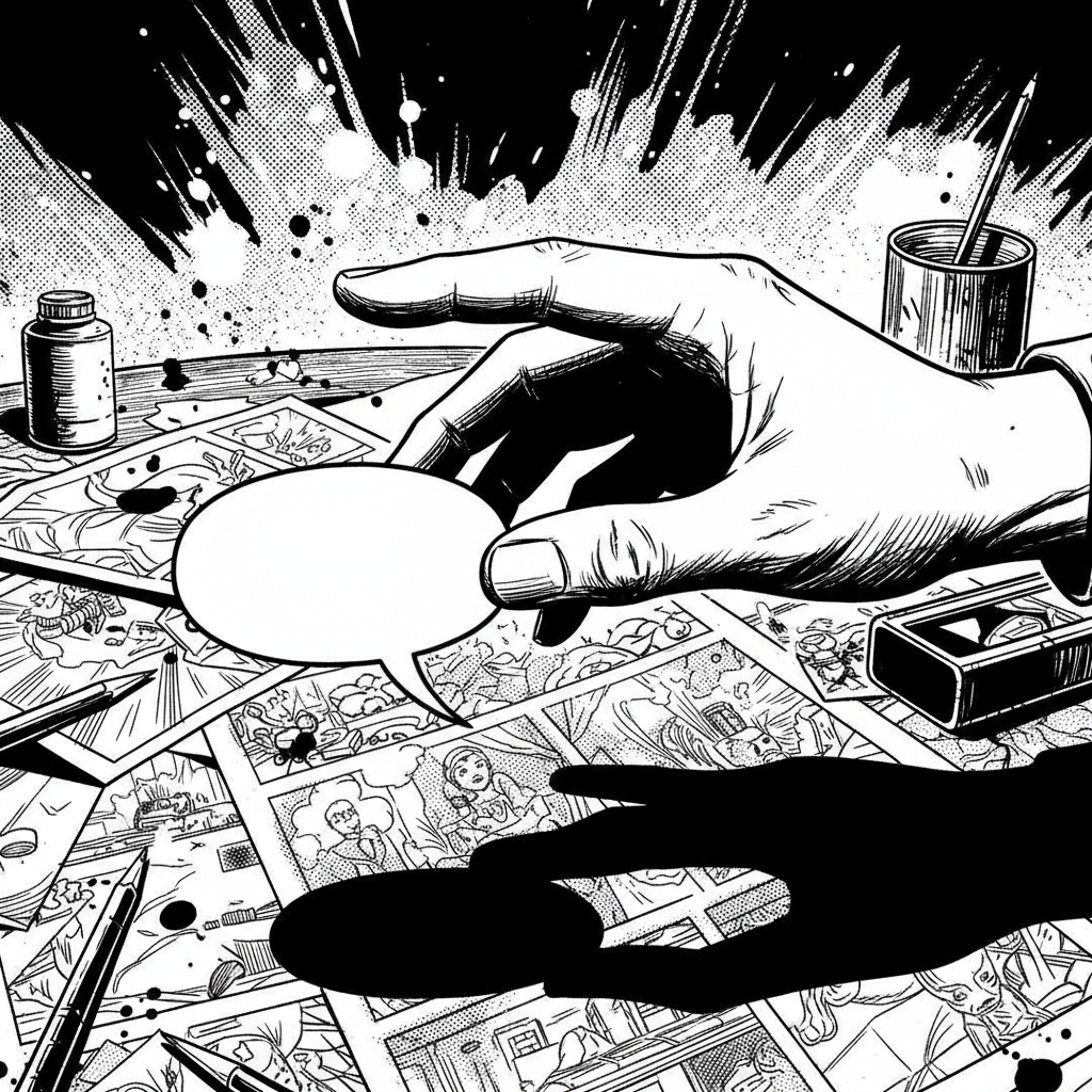 Artist's studio with scattered comic pages showing different dialogue bubble placement approaches